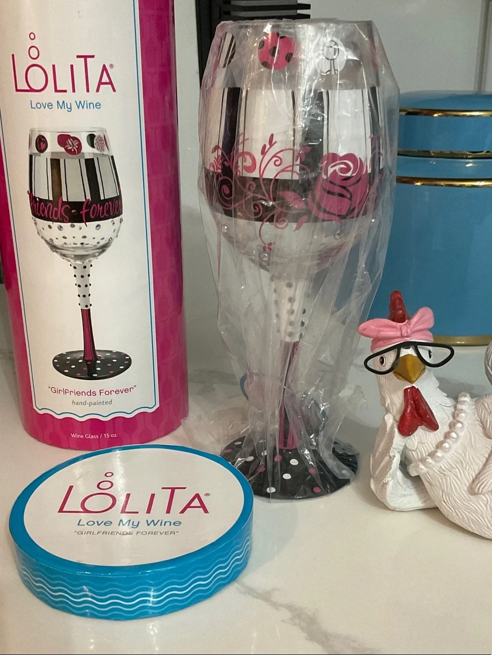 Lolita Pink and Turquoise 'Girlfriends Forever' Decorative Wine Glass